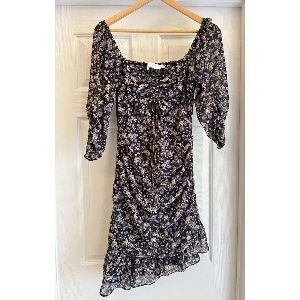 ASTR the Label Mini Dress M Black Purple‎ Floral Ruched Ruffle Smocked